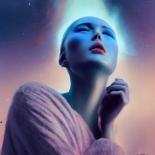 Prompt: sci - fi, 3 d, stars, blonde fashion model face closed eyes, cinematic, clouds, moon rays, vogue cover style, poster art, blue mood, realistic painting, intricate oil painting, high detail illustration, figurative art, multiple exposure, water, 3 d, by tooth wu and wlop and beeple and greg rutkowski