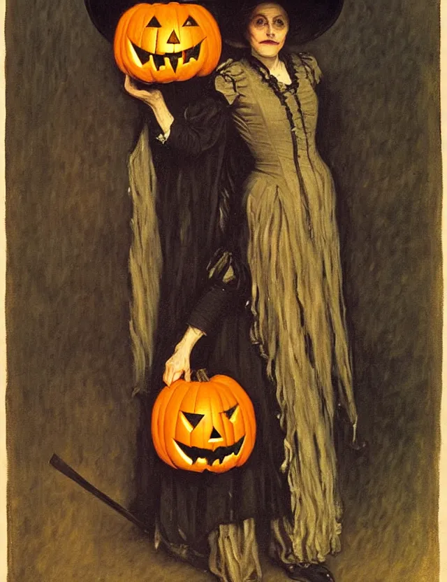 Prompt: a victorian witch, holding a jack - o - lantern, as a matte oil painting and d & d character art, by gustave caillebotte, standing, fullbody, flying bats, loose pages, concept art, award - winning, extremely detailed, sharp focus