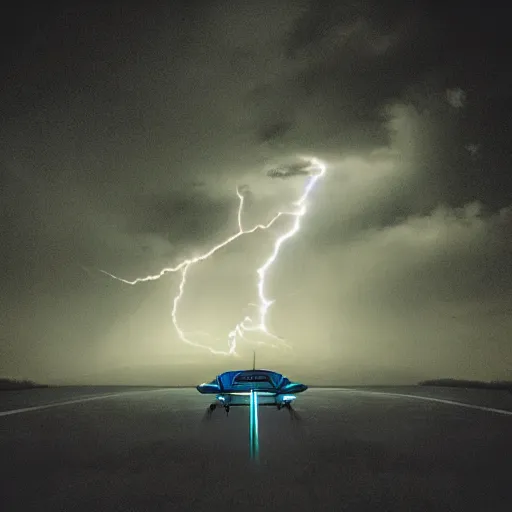 Image similar to futuristic flying car emerging from a circle of lightning in the sky, thunderstorm at night, 28mm dramatic photo