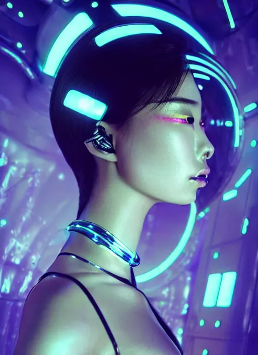 Image similar to an asian female humanoid with freckled cheeks, cyber neon lighting, futurism, intricate futuristic metal jewelry, cyberpunk glossy white latex swimwear, profile posing, hyper photorealistic, crispy quality, digital photography, trending in artstation, trending in pinterest, cinematic, 4 k ultra hd, art by pascal blanche, art by greg rutkowski,