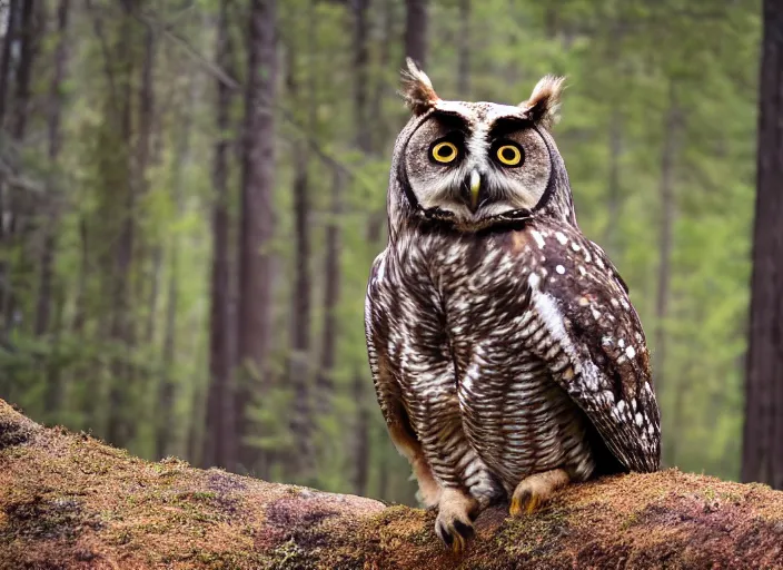 Prompt: an award winning photo of a owl - headed bear, full body portrait, forest, 4 k, wildlife photography, high quality, national geographic