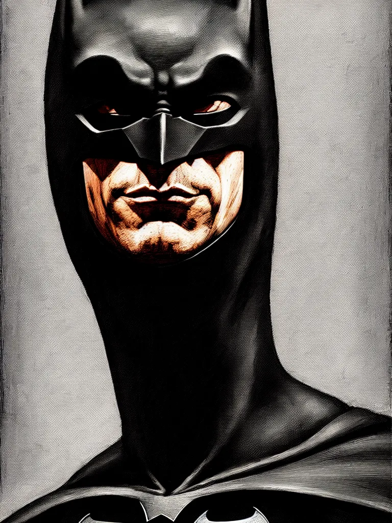 Image similar to portrait of batman only head and chest, intricate, desaturated, Hieronymus Bosch, oil on canvas, gouache painting, masterpiece, trending on artstation, cinematic composition, dramatic pose, sharp, details, hyper-detailed, HD, 4K, 8K