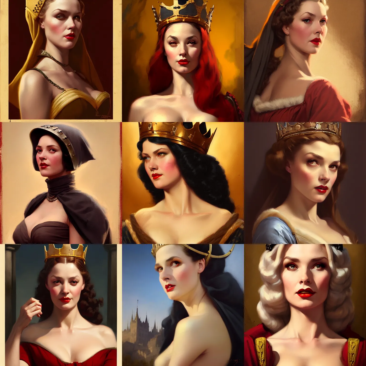 Image similar to medieval queen portrait matte painting, trending on artstation, gil elvgren, greg rutkowski, magali villeneuve, artgerm, jeremy lipkin, michael garmash