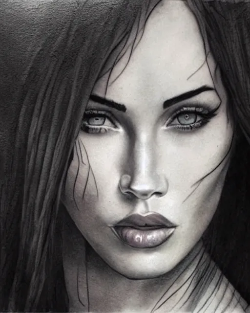 Prompt: realism tattoo design sketch of megan fox face blended with beautiful mountain scenery, in the style of dan mountford, double exposure, hyper realistic, amazing detail, black and white