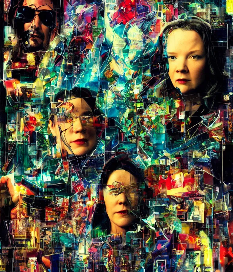 Prompt: Beautiful colorful Cyberpunk Movie Poster made for the film William Gibson's Cyborg Nights (2004) Starring Melissa McCarthy and Keanu Reeves, minimalist oil paint and ink and photo collage by Man Ray and Marcel Duchamp and Diane Arbus, Vivid color trending on artstation Cinematic lighting photographic! collage!! 8k