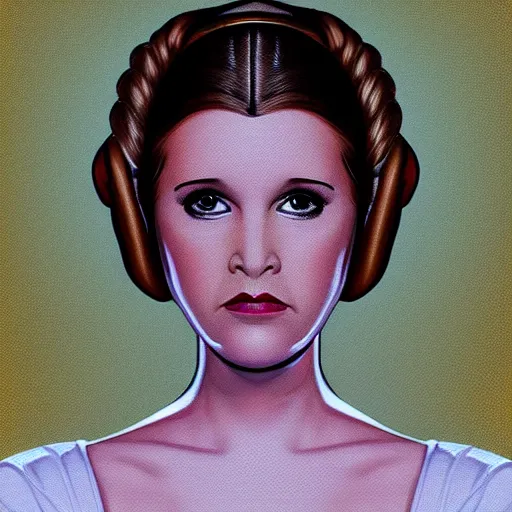 Image similar to portrait of princess leia doing a duckface, in a light white dress, digital art, golden hour, smooth, extremely detailed