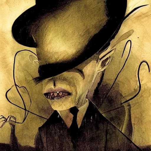 Image similar to A diphenhydramine trip, by Dave McKean, spiders, dark, hat man