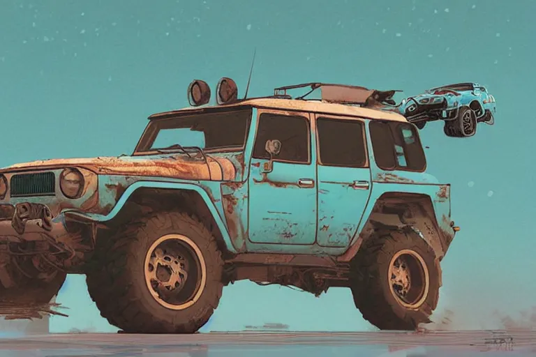 Image similar to digital illustration of a futuristic faded cyan mad max's fj 4 0 decrepit!!!! pursuit special, rusty!!! cyberpunk nissan fj cruiser heavily modded 1 9 9 0 s, the last v 8 interceptor by makoto shinkai, ilya kuvshinov, lois van baarle, rossdraws, basquiat