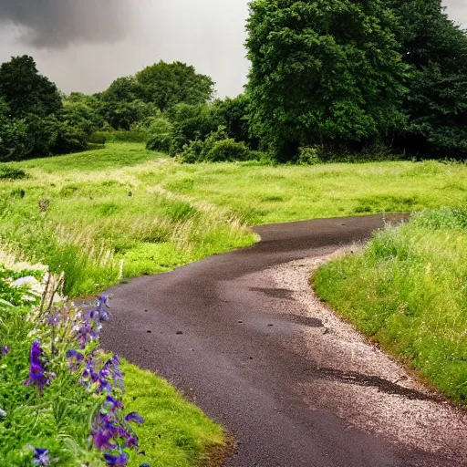 Prompt: a beautiful English country landscape. Hot summers day. Dramatic thunderstorm