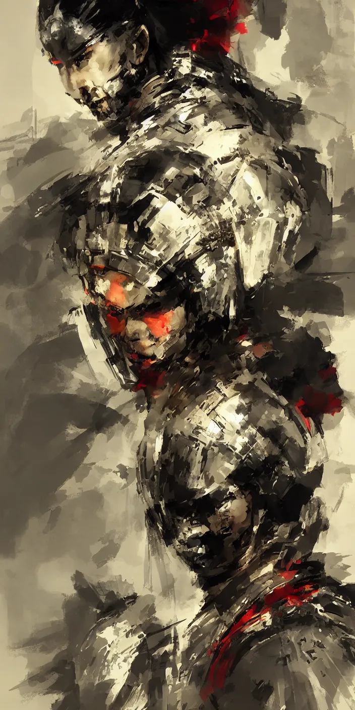 Prompt: a beautiful portrait of a chinese warrior by Yoji Shinkawa and Ruan Jia, strong lines and bold colors, limited color palette, atmosphere and tension, Japanese, trending on artstation
