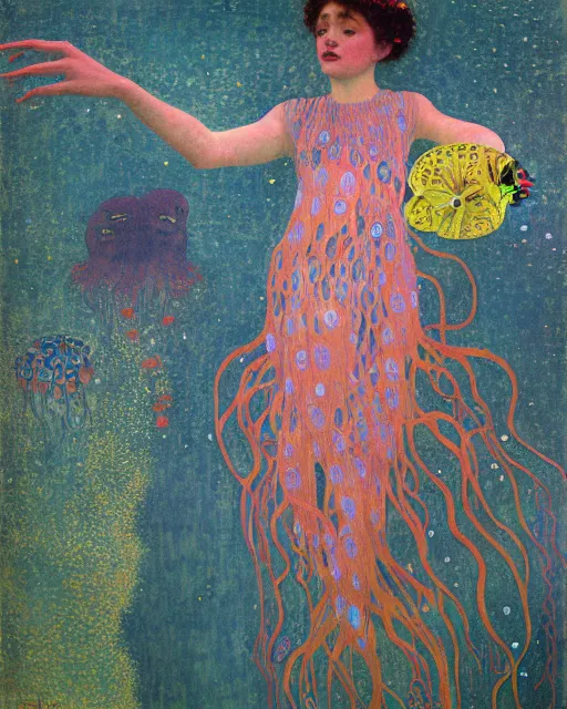 Image similar to a beautiful girl underwater wearing a colourful octopus as a dress and surrounded by glowing jellyfish, painted by gustave klimt, edgar maxence, edward hopper, wayne barlowe, james gilleard and james jean