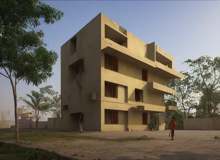 Image similar to low - cost housing designed by architect b v doshi, contemporary indian architecture style ; realistic, detailed, cel shaded, in the style of makoto shinkai and greg rutkowski and james gurney ; wide angle view 1 4 mm lens f 2 2 ; evermotion archexterior, v ray unreal engine ; hdr lighting, ray traced, vue render