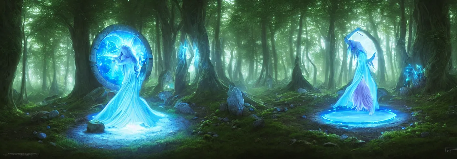 Image similar to Fantasy Magical fairy-tale glowing blue stone portal in the forest. Round stone portal teleport in trees to other worlds. Fantastic landscape. Magic Altar in the fores, highly detailed, digital painting, artstation, concept art, smooth, sharp focus, illustration, art by artgerm and greg rutkowski and alphonse mucha