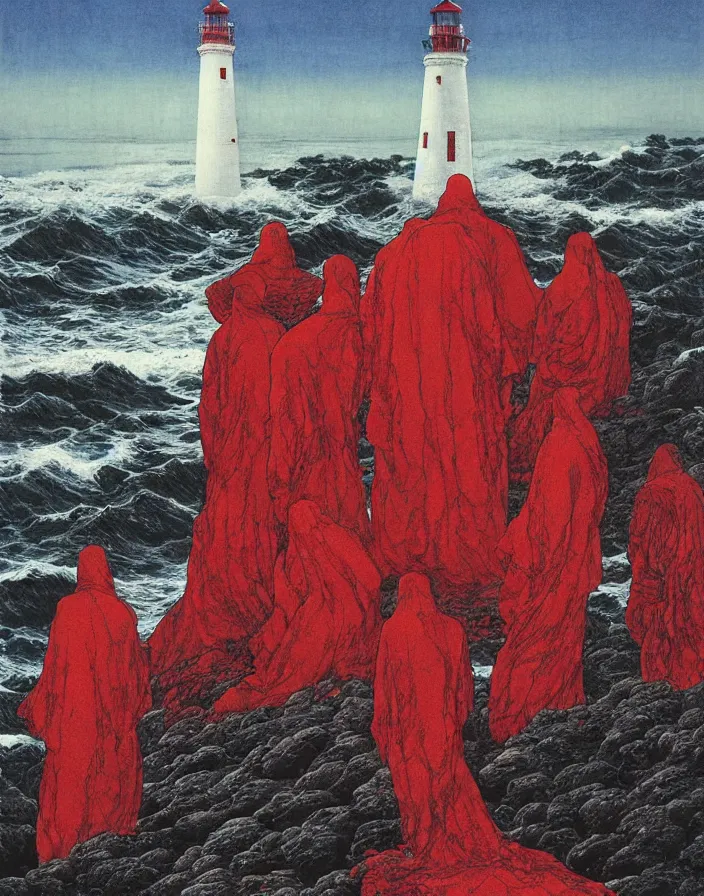 Image similar to worshippers in red robes belonging to the cult of the lighthouse on the rocky shore right in front of the lighthouse, high detailed beksinski painting, part by adrian ghenie and gerhard richter. art by takato yamamoto. masterpiece, deep colours, blue
