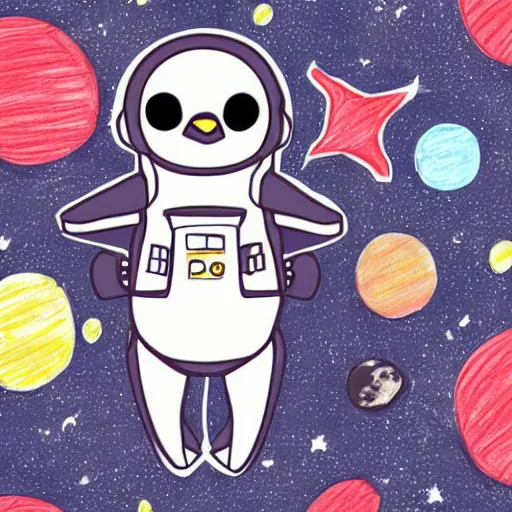 Image similar to cute drawing of a penguin on an astronaut suit, helmet on, floating on space, cartoon disney style, solid color