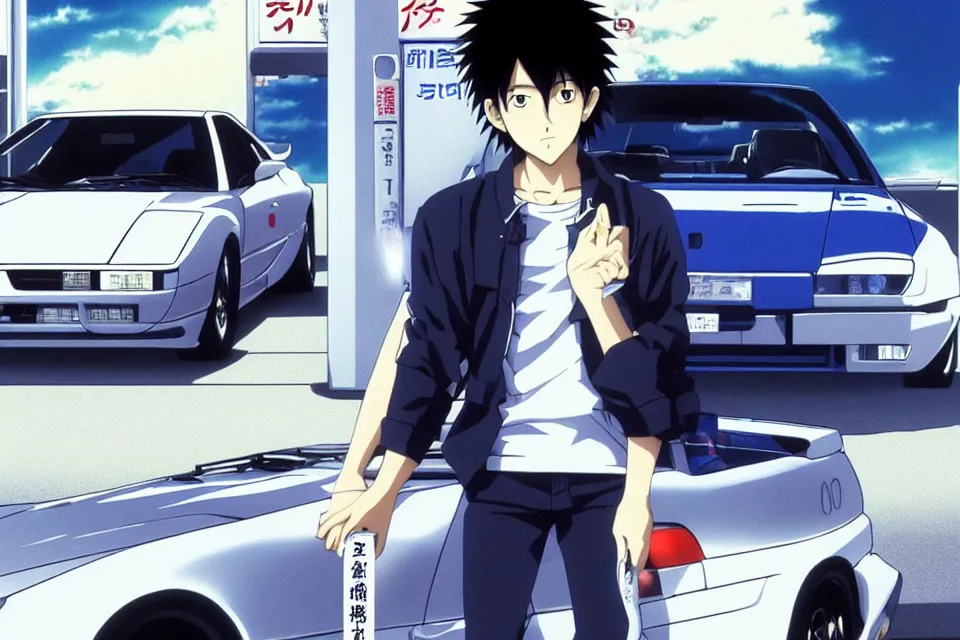 Prompt: very serious ryosuke takahashi with black hair wearing a dark blue shirt and white pants stands alone leaning on his white mazda rx 7 on an empty gas station, initial d anime screenshot, initial d anime 1 0 8 0 p, detailed anime face, high detail, 9 0 s anime aesthetic, volumetric lights, art by studio comet, pinterest wallpaper,