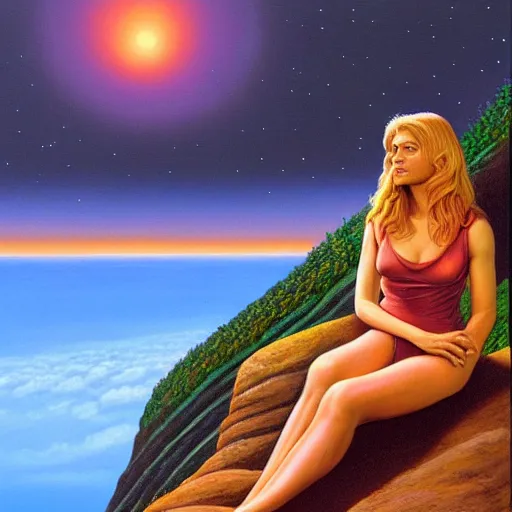 Prompt: a painting of a woman sitting on a cliff, a character portrait by barclay shaw, cg society, fantastic realism, official art, 1 9 9 0 s, academic art