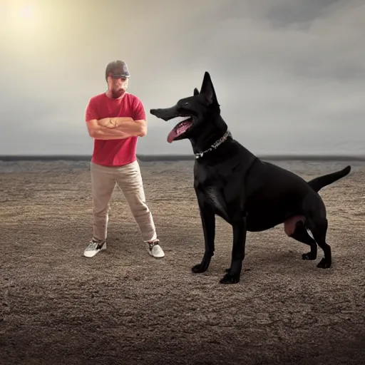 Image similar to man who is angry standing next to a very happy dog, realistic, photographic, cinematic, 8 k