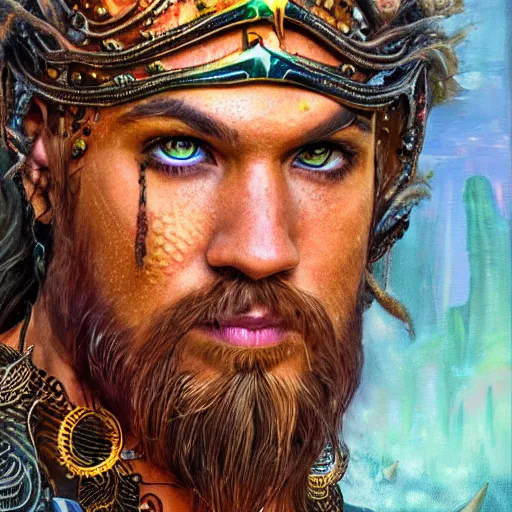 Prompt: intricate five star portrait of aquaman wearing his burning man festival costume, oil on canvas, hdr, high detail, photo realistic, hyperrealism, matte finish, high contrast, 3 d depth, centered, steampunk, tasteful colors, enhanced light effect, enhanced eye detail, artstationhd