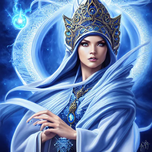 Image similar to beautiful!! elemental sky witch with intricate ornate blue and white robes and sky powers artgerm anne stokes highly detailed 8 k hdr smooth sharp focus high resolution award - winning photo photorealistic