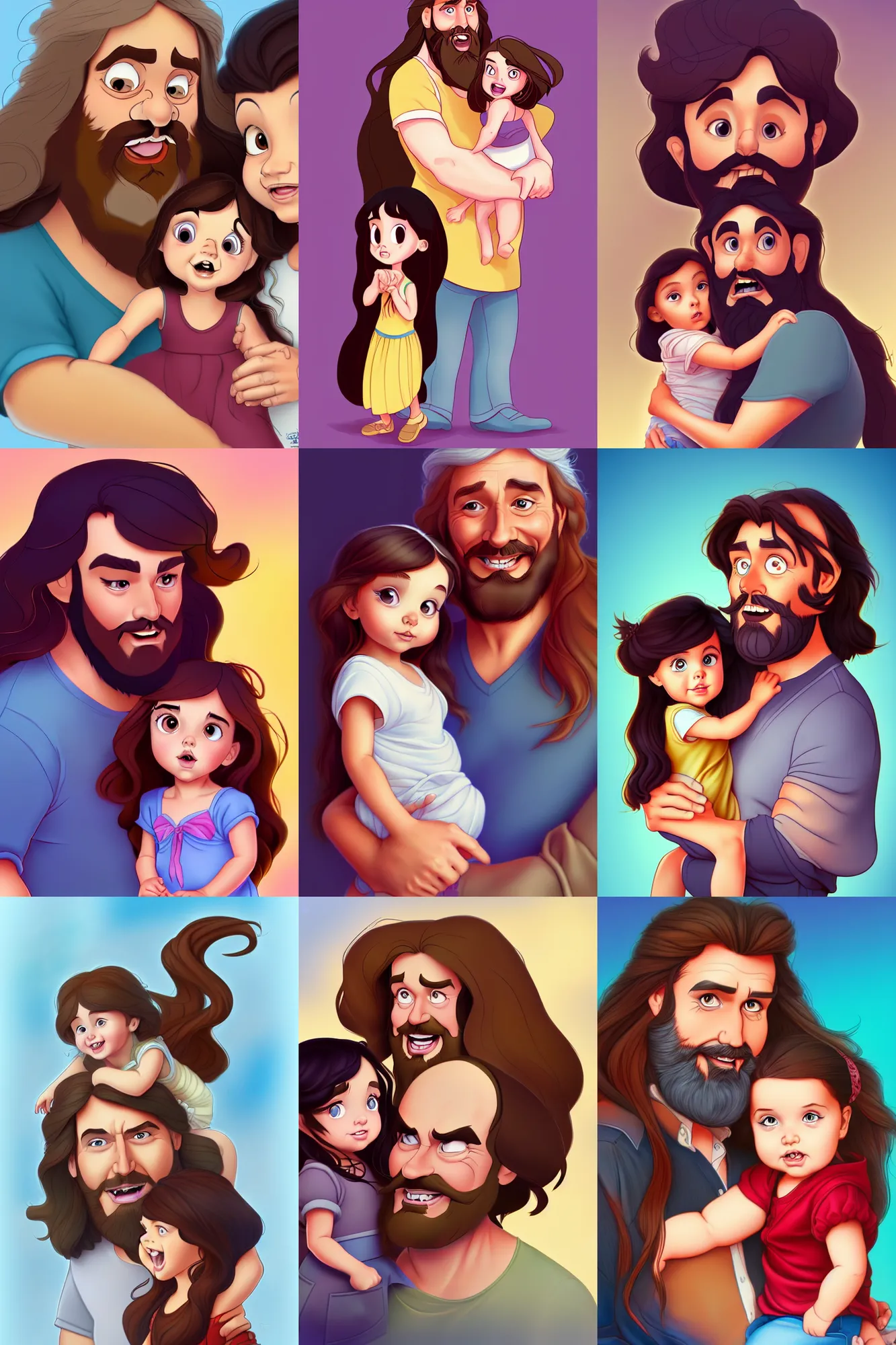 Prompt: a long - haired bearded father and his brunette child toddler girl full color digital illustration in the style of don bluth, artgerm, artstation trending, 4 k