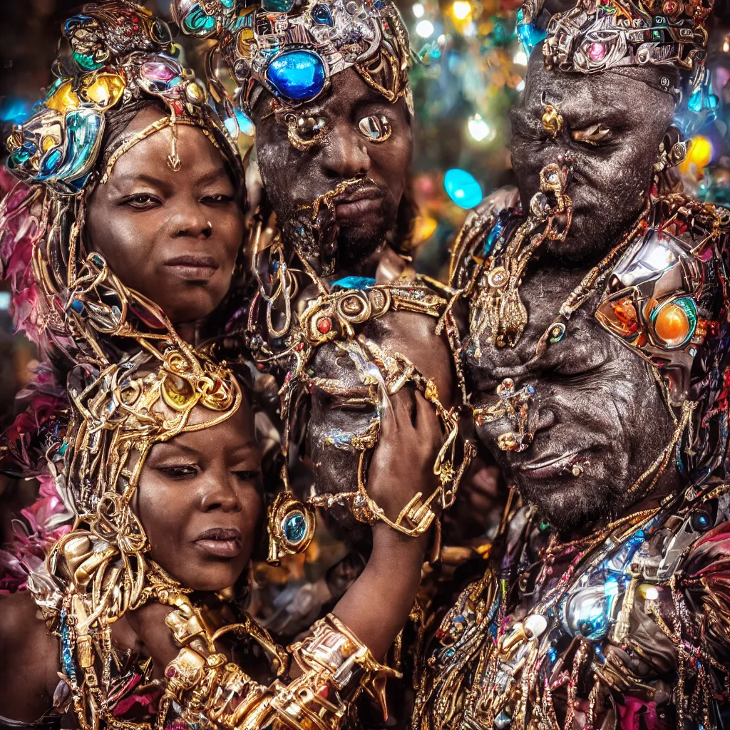 Image similar to a high-resolution color-chrome closeup portrait, hyper realistic African voodoo priest, kissing a incredible elegant alien rococo Queen, ornate jewelled, sci-fi, high-tech, beautiful low light, style Steve McCurry Octane render 8k