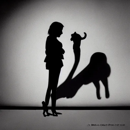 Prompt: a shadow of a women holding a cat completly im black as a silhoutte by oliver clegg