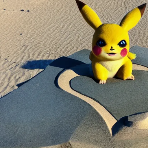 Prompt: a sand sculpture of detective pikachu on the beach