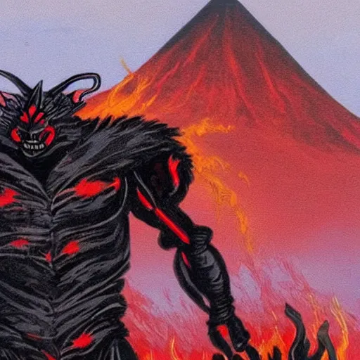 Image similar to a highly detailed red and black obsidian volcanic goblin, like magic the gathering, goblin chainwalker, with a volcano in the background ” w 7 6 8