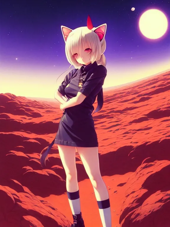 Image similar to full body picture of a cat ear girl on the mars, bored, beautiful and aesthetic, intricate, unreal engine, neat hair, highly detailed, detailed face, smooth, sharp focus, chiaroscuro, manga illustration, artgerm, greg rutkowski, ilya kuvshinov, rossdraws, alphonse mucha, young adult light novel cover art