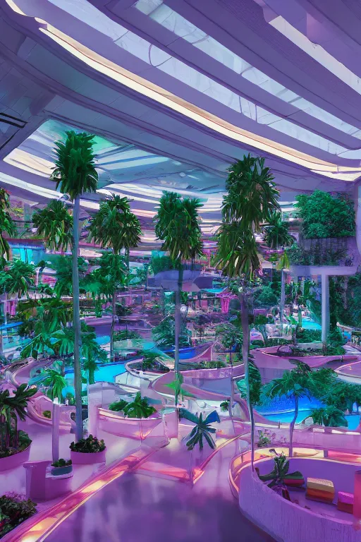 Prompt: photo of a vaporwave aesthetic indoor liminal 90s mall with a lazy river, long shot, cinematography by Wes Anderson, 4k octane render, intricate detail, photorealistic , cinematic lighting, Artstation,