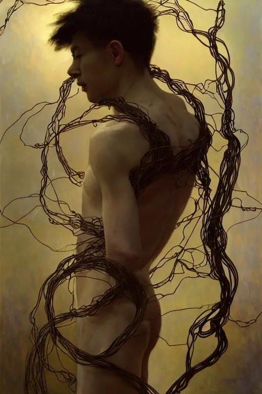 Prompt: hyperrealist portrait of elijah zu bailey, it is decorated with long wires that fall like vines and wears small computers over their body. by jeremy mann and alphonse mucha, fantasy art, photo realistic, dynamic lighting, artstation, volumetric lighting, very detailed faces, 4 k, award winning