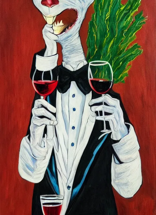 Image similar to painting of the groot as a gentleman wearing tuxedo drinking wine, vivid colors, masterpiece, artwork