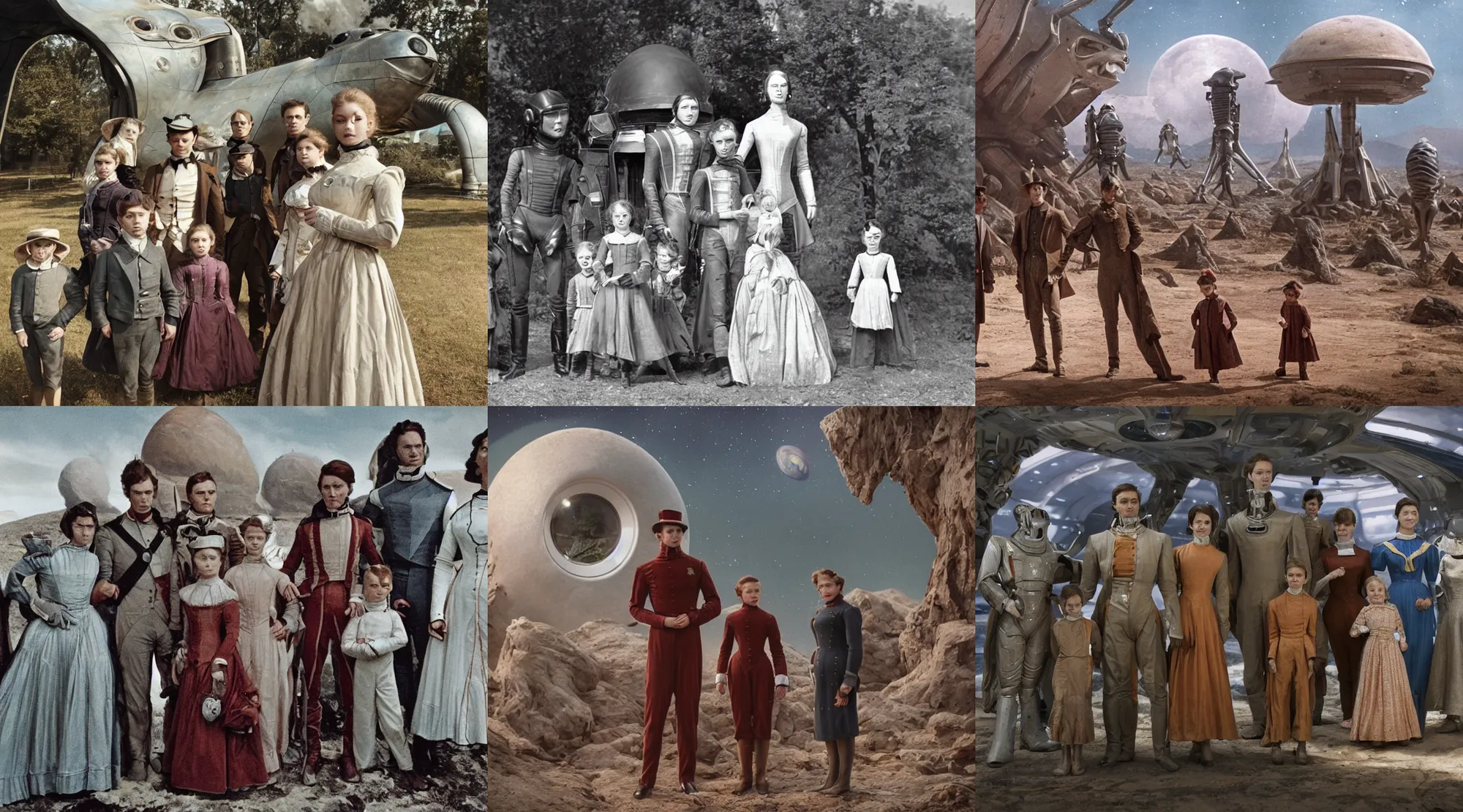 Prompt: sharp, detailed, 1024k film still from a sci fi blockbuster color movie made in 2022, set in 1860, of a family standing in front of a spaceship that has just landed on an alien planet, a humanoid alien creature stands nearby, the family are all wearing 1850s era clothes, cinematic lighting, sharp focus, extremely good lighting, winner of seven oscars