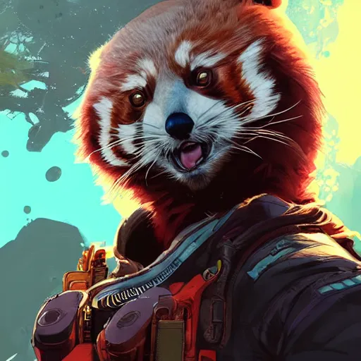 Prompt: red panda as apex legends character, digital illustration portrait design, by android jones and greg rutkowski, retrowave color scheme, detailed, cinematic lighting, wide angle action dynamic portrait