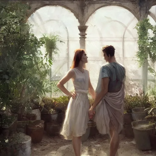 Image similar to Couple at a greenhouse in Ancient Greek | painting by Greg Rutkowski | trending on artstation | 8k | HD