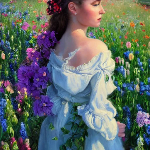 Image similar to a portrait of a romantic woman with flowers grow out of hair, roses peonies forget-me-nots dahlias lupins gladioli, sky theme in background, by Alexandr Averin, Digital Art, Trending on artstation