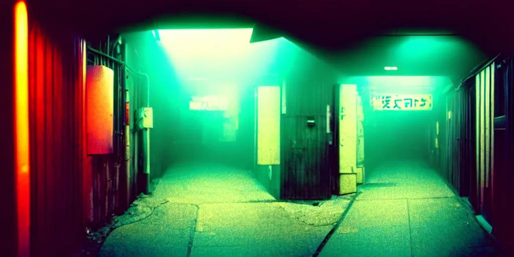 Image similar to hallway portal at the end of a tokyo alley, neon lights, dirty, ektachrome photograph, volumetric lighting, f 8 aperture, cinematic eastman 5 3 8 4 film