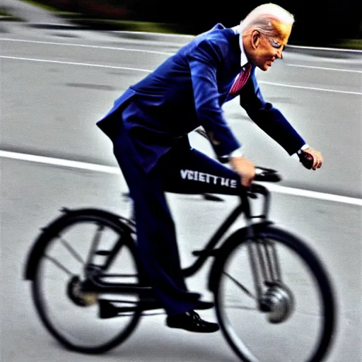 Image similar to ultra realistic photo of joe biden falling off of his bike, film, perfect face, in the style of a candid photo, perfect face