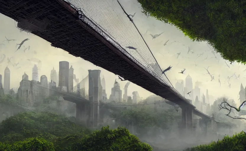 Prompt: an epic landscape view of vines and moss growing on the brooklyn bridge, moss, jungle, with pterosaurs flying, close - up, low angle, wide angle, atmospheric, volumetric lighting, cinematic, very realistic, sharp, highly detailed digital art, painted by tyler edlin