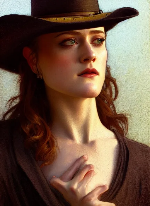 Image similar to portrait of evan rachel wood as a cowboy, 1 8 9 0, western, hat, colt, intricate, headshot, highly detailed, digital painting, artstation, concept art, sharp focus, cinematic lighting, illustration, art by artgerm and greg rutkowski, alphonse mucha, cgsociety