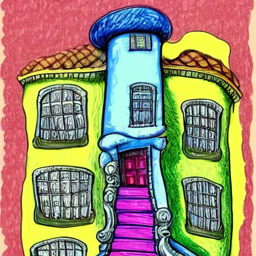 Prompt: a colorful drawing of a house with curved pillars and many floors, a storybook illustration by dr seuss, tumblr, psychedelic art, concept art, storybook illustration, whimsical