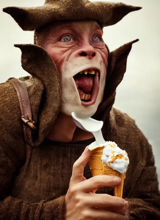 Prompt: closeup portrait of a medieval goblin eating icecream, depth of field, zeiss lens, detailed, symmetrical, centered, fashion photoshoot, by Annie Leibovitz and Steve McCurry, David Lazar, Jimmy Nelsson, Breathtaking, 8k resolution, extremely detailed, beautiful, establishing shot, artistic, hyperrealistic, beautiful face, octane render