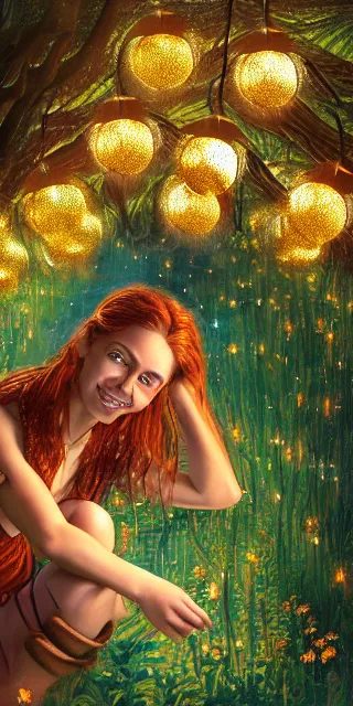 Image similar to a totally amazed smiling pretty woman surrounded by golden firefly lights in a mesmerizing scene, sitting amidst nature fully covered! intricate detailed bohemian outfit, long loose red hair, precise linework, accurate green eyes, small nose with freckles, beautiful smooth oval head, expressive emotions, hyper realistic ultrafine portrait by artemisia gentileschi, jessica rossier, greg rutkowski