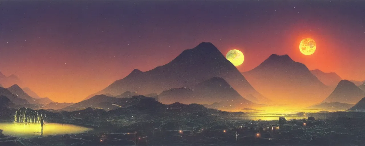 Image similar to awe inspiring bruce pennington landscape, digital art painting of 1 9 6 0 s, japan at night, 4 k, 8 k, detailed