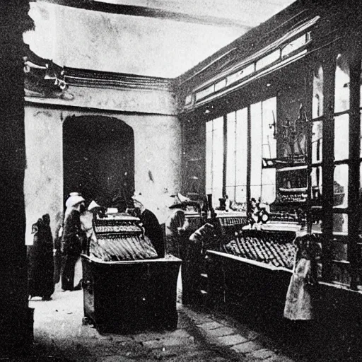 Image similar to nineteenth century, paris bakery interior, montmartre, photograph, style of atget, old, creepy
