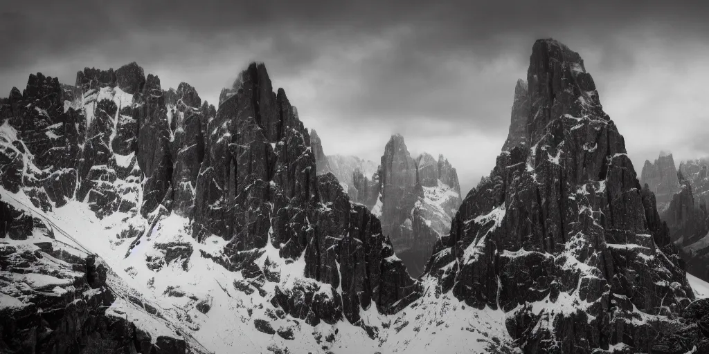 Image similar to 1920s photography expedition meets the god of the dolomites, dark, eerie