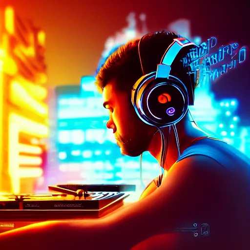 Image similar to electronic dj portrait, dj performing live streaming to online, cyberpunk 2 0 7 7, cyberpunk, photorealistic, ultra detailed, neon, octane, bokeh, cinematic lighting, cyber, cyberpunk city, headphones, studio quality, feature, scars, cyberface, 8 k