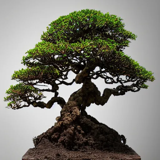 Image similar to incredibly detailed 100 year old Morton Bay fig bonsai planted in, Upside-down ancient intricate red samurai helmet, volcanic rocks, photorealistic, vulumetric lighting, exquisite detail, vray 4k highly detailed, no dof