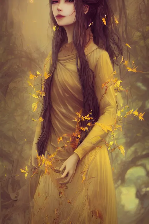 Image similar to The goddess of autumn harvest, tranquility, beautiful face, long hair, wearing wheat yellow gauze, comic style, virtual engine, 3D, sense of atmosphere, goddess, by wlop